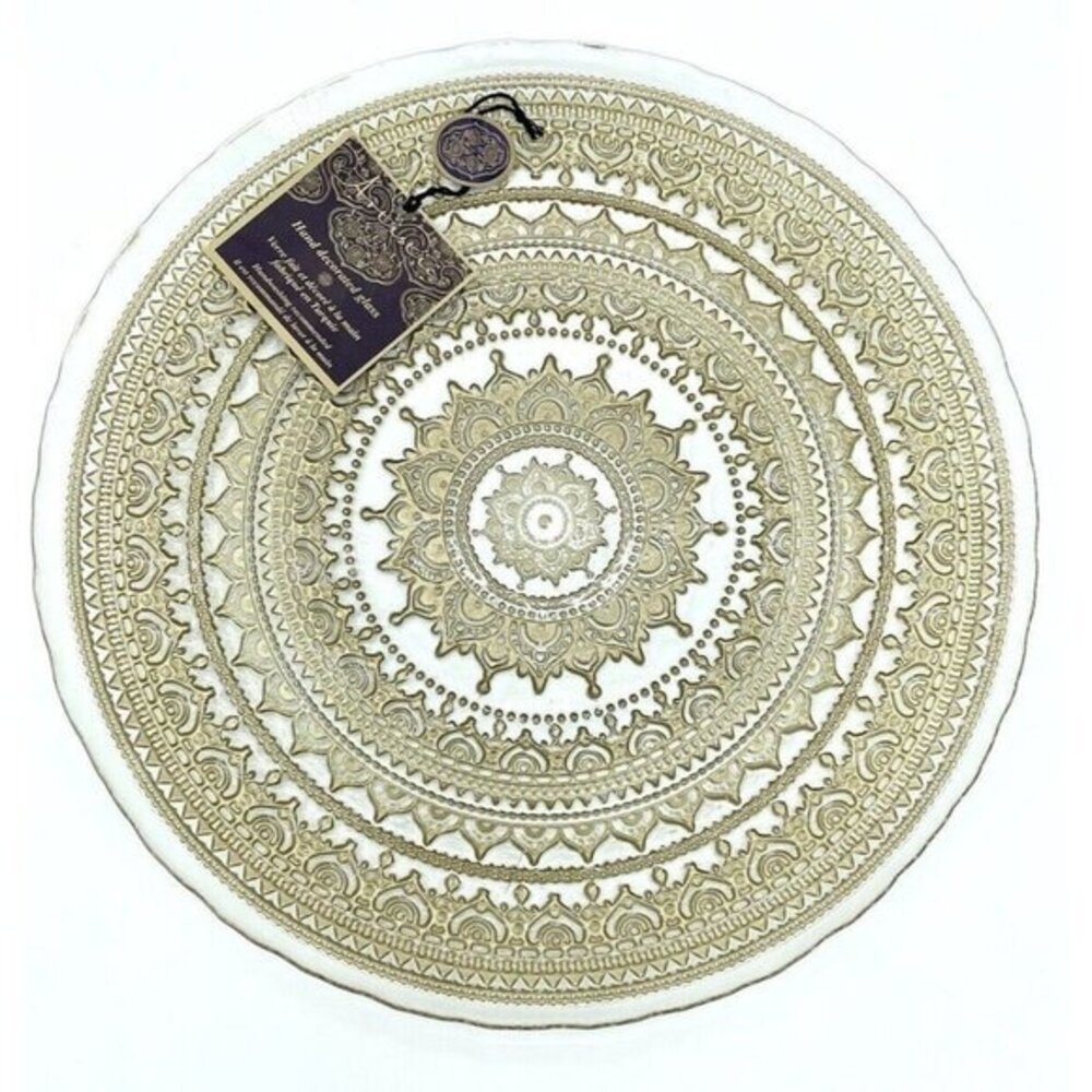 Turkish Glass 13" Charger Plates Hand Painted Gold Lace Set of 3 NWT Clear Glass
